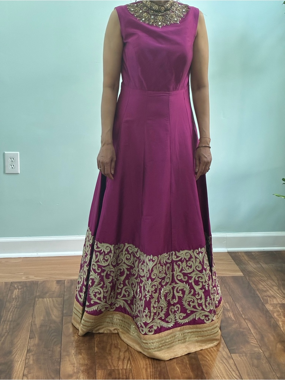 Embellished Magenta Evening Gown with Gold Accents